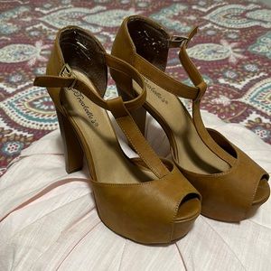 Tan T-Strap Peep Toe Platform Heels